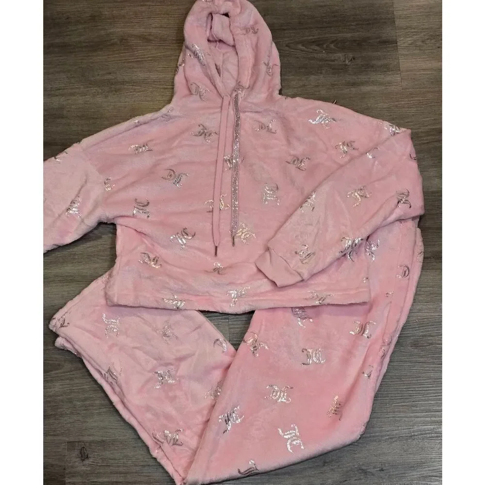 Juicy Couture 2-PC Silver Foil Logo Velour Hoodie &‎ Pant PJ Set